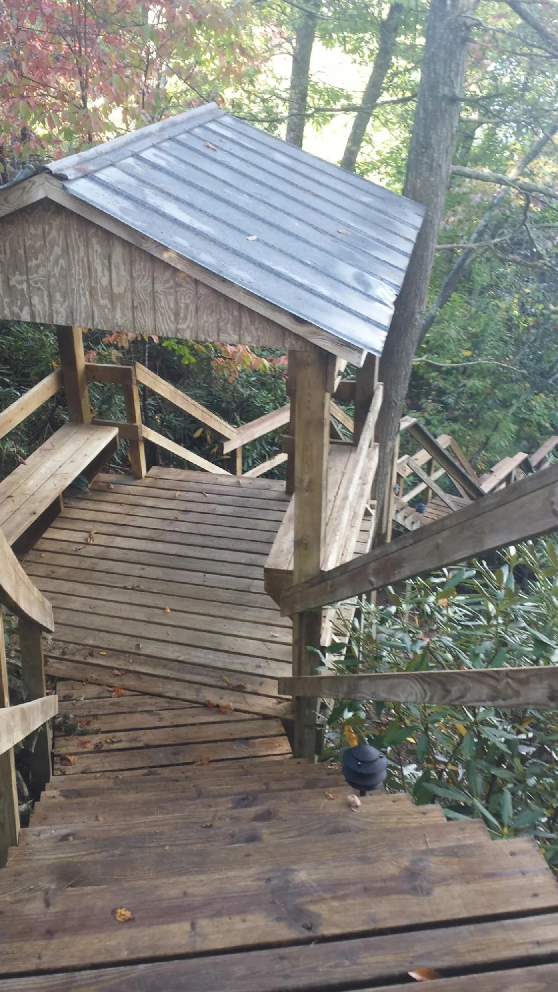 Metal roofed shelter over wooden steps on a wooded walkway — Skylight Repair & Installation work by our crew in Little Mountain